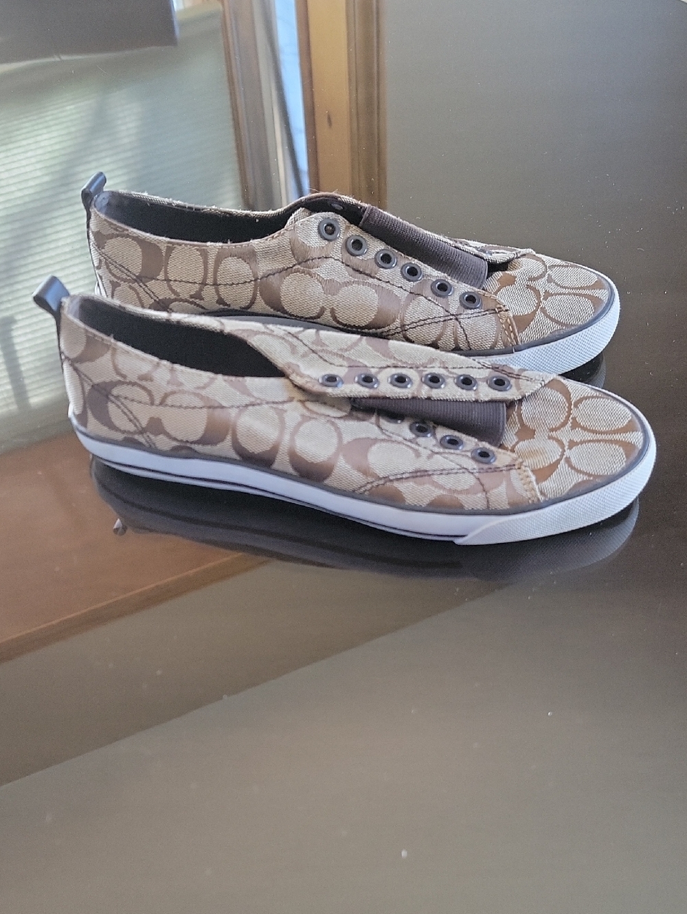 Coach Women's Signature Canvas Slip-On Sneakers in Tan and Brown